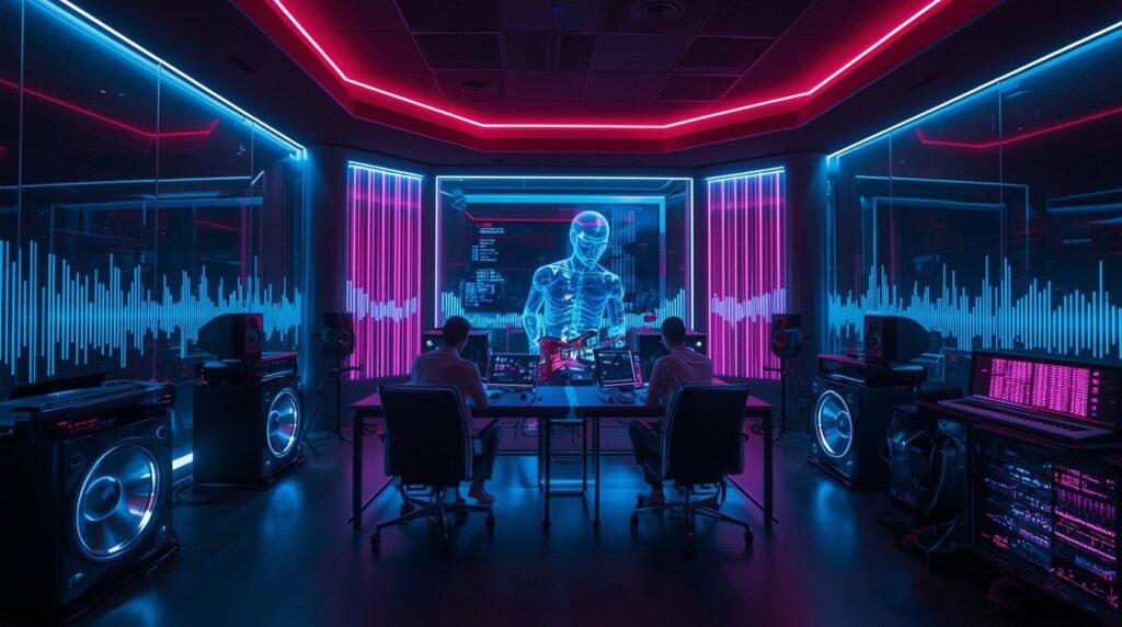 Futuristic AI music studio showing humans and AI composing together using generative sound systems.