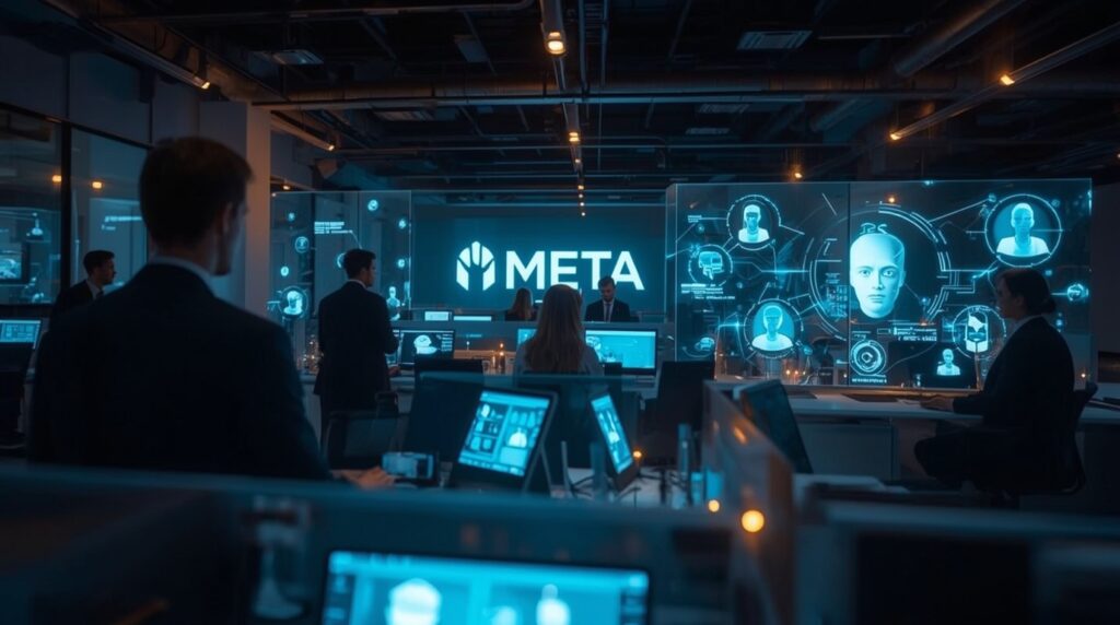 Visual of employees interacting with AI holograms in a smart office, symbolizing Meta’s workforce AI adoption and corporate digital transformation.