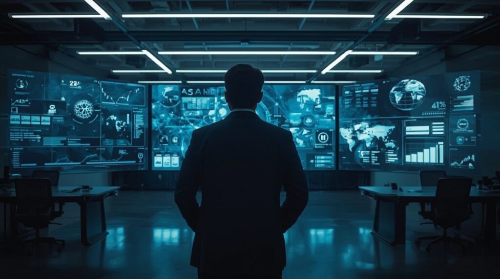 Vishal Shah leading Meta’s next-gen AI division with holographic systems in the background.