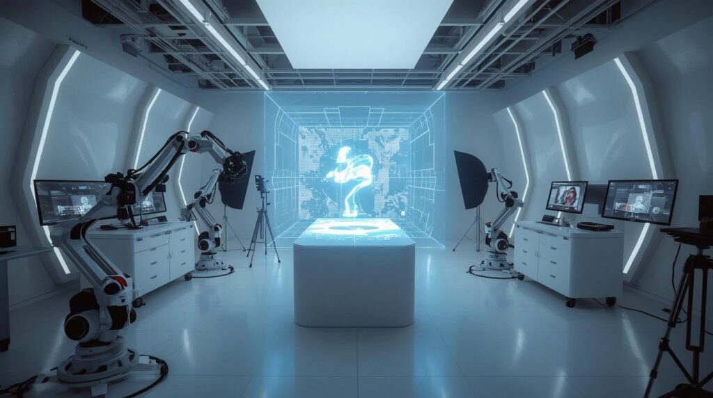 AI lab visualizing synthetic image data and creators guiding machine vision training.