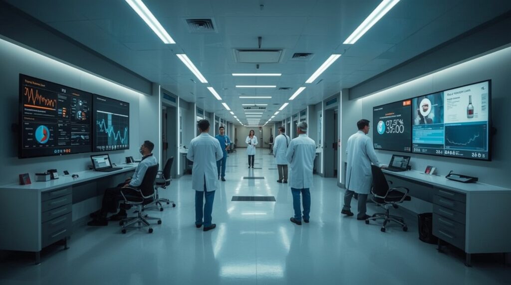 Toronto smart hospital showcasing AI-driven EHR systems and predictive patient care dashboards with Oracle healthcare AI.