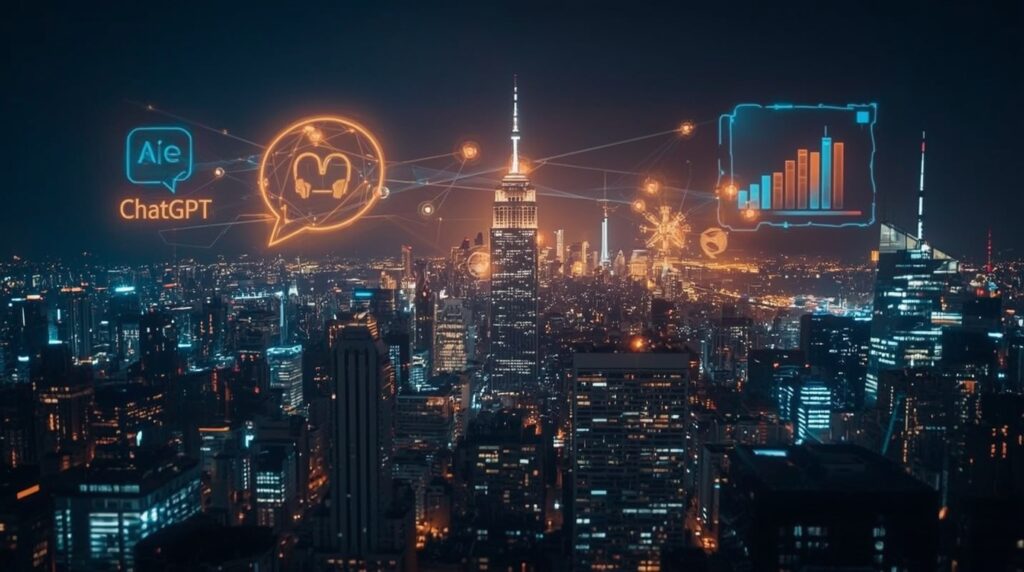 Futuristic city skyline showing Gemini and ChatGPT data streams symbolizing the 2025 AI market competition.