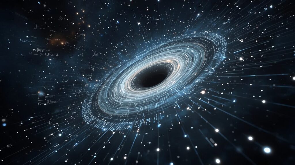 AI neural network integrated with cosmic black hole patterns, representing AstroAI Research.
