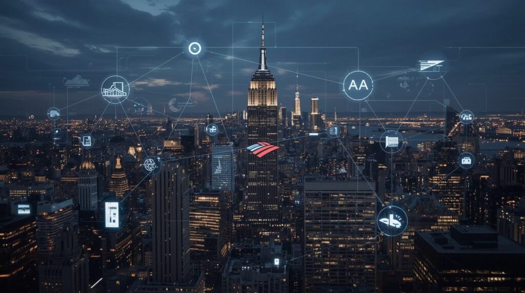 Bank of America’s AI-driven financial transformation with futuristic data visualization.