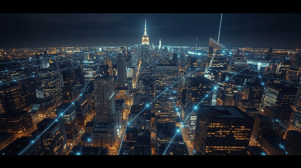 Illustration of Wall Street powering AI data centers through global investments.