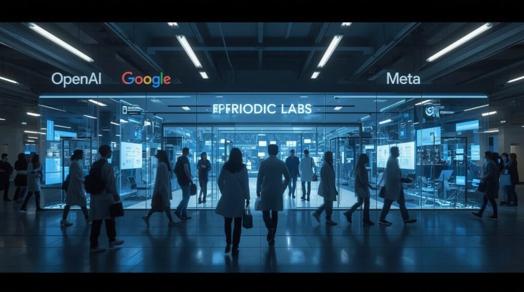 Researchers move from Big Tech firms to Periodic Labs, symbolizing a Deep Tech Brain Drain.