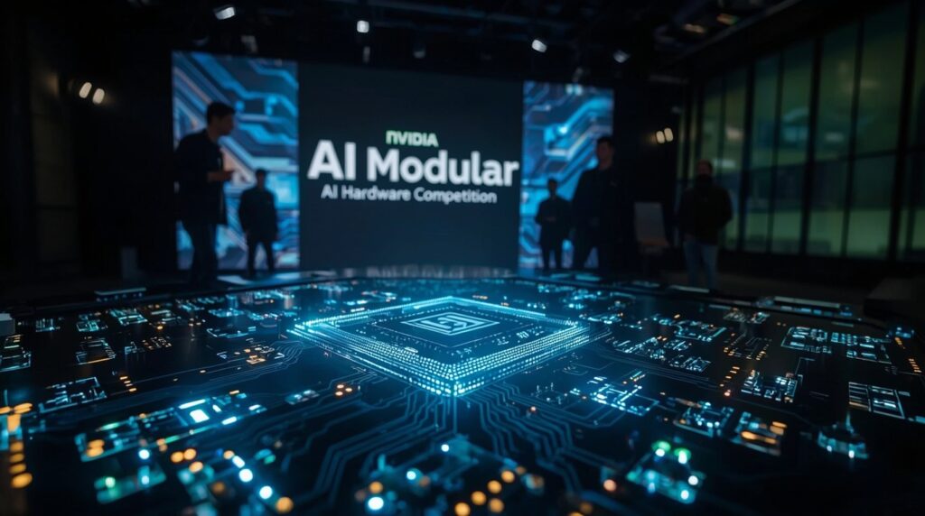 Futuristic AI chips on modular hardware with Nvidia and Modular rivalry depicted.