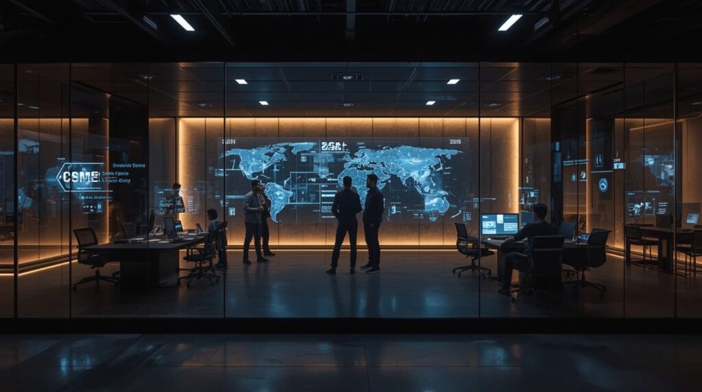 Team inside AI Creative Studios in Pune using futuristic holographic AI design systems