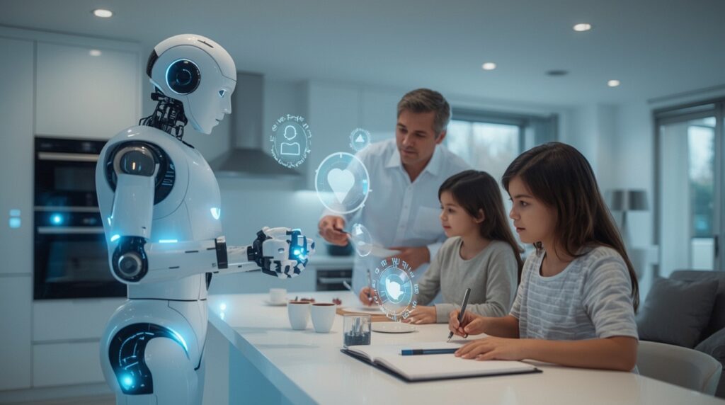 Humanoid AI assistant performing household tasks, demonstrating the domestic robotics leap.