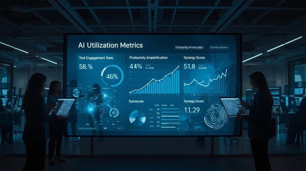 Futuristic dashboard showing AI Utilization Metrics KPIs and professionals using AI assistants in a smart office.