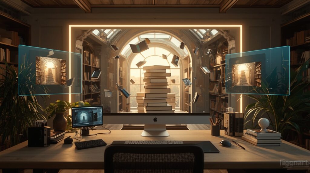 Digital creative workspace generating a visual scene from a text prompt, symbolizing AI text-to-image breakthroughs.