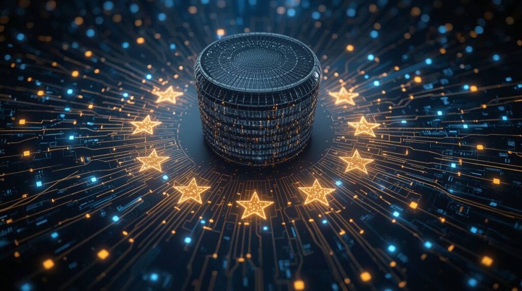 European Investment Bank illuminated with AI data circuits representing ethical governance.