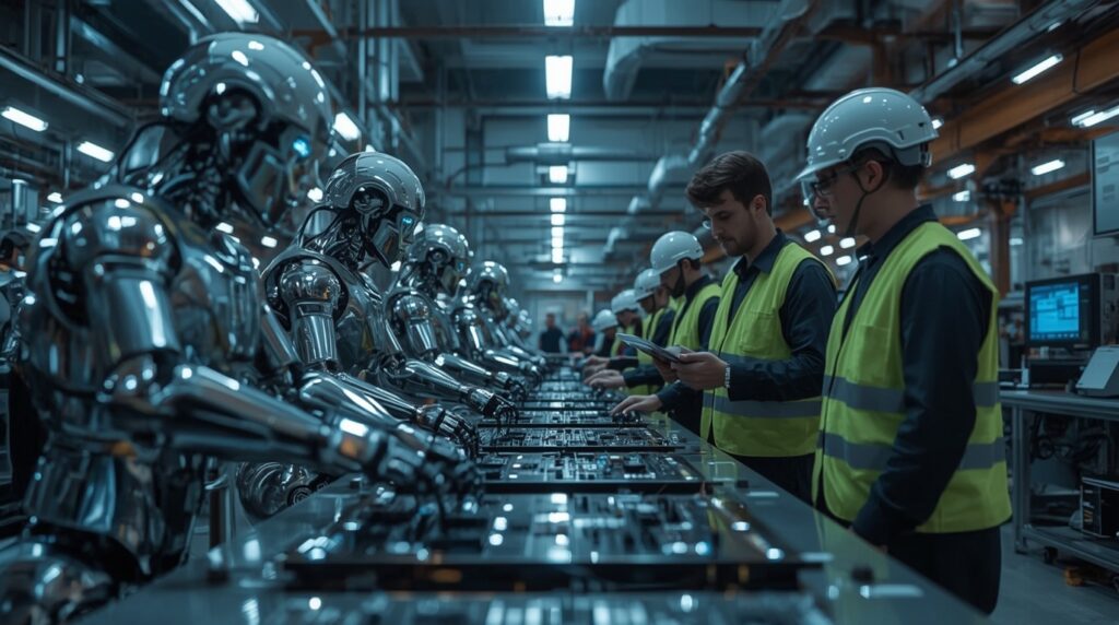 Humanoid robots working alongside human engineers in Foxconn’s Houston factory.