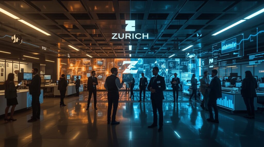 Illustration showing Zurich Insurance’s AI Talent Mobility, merging fast-food analytics with enterprise data intelligence.