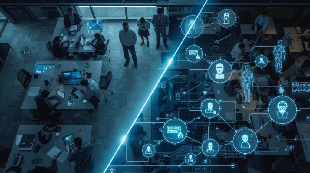 AI-driven workforce transformation showing professionals and digital automation in a futuristic office.