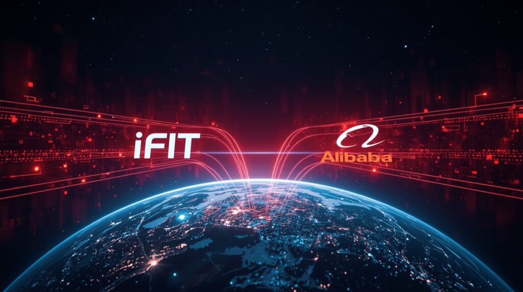 Illustration of AI Cloud Diplomacy connecting China’s iFIT and Alibaba through global data networks.