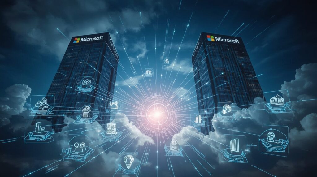 Futuristic cityscape depicting Google’s Gemini Enterprise AI core challenging Microsoft’s cloud dominance.