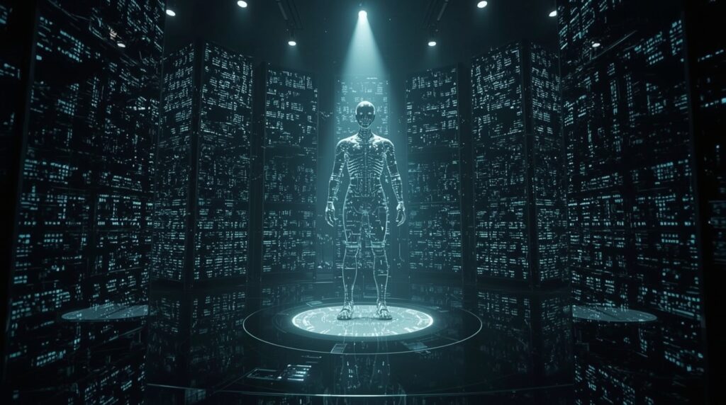 Futuristic AI model under scrutiny amid corporate towers representing AI transparency challenges.