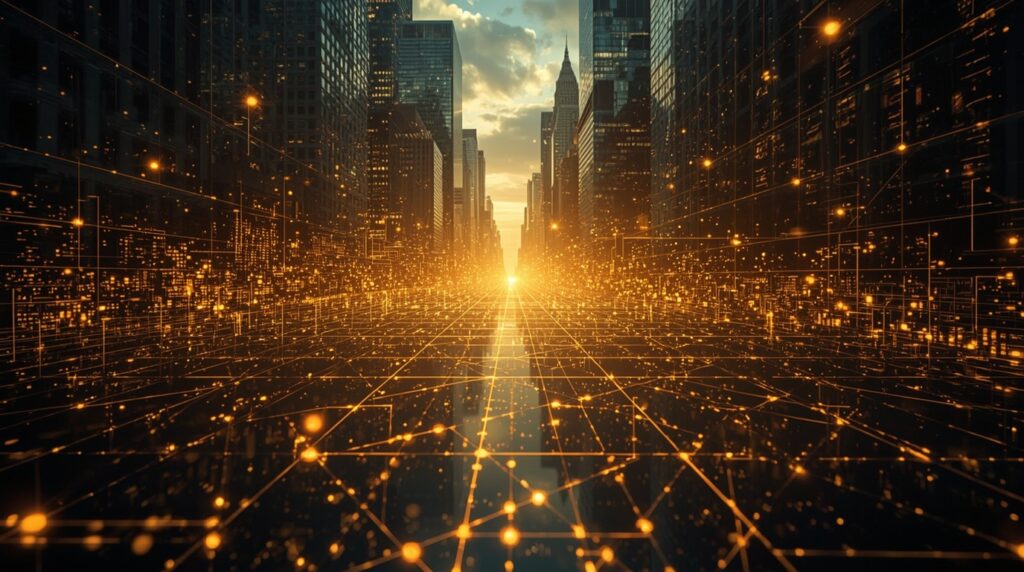 Futuristic Wall Street skyline integrated with AI circuits and glowing data flows.
