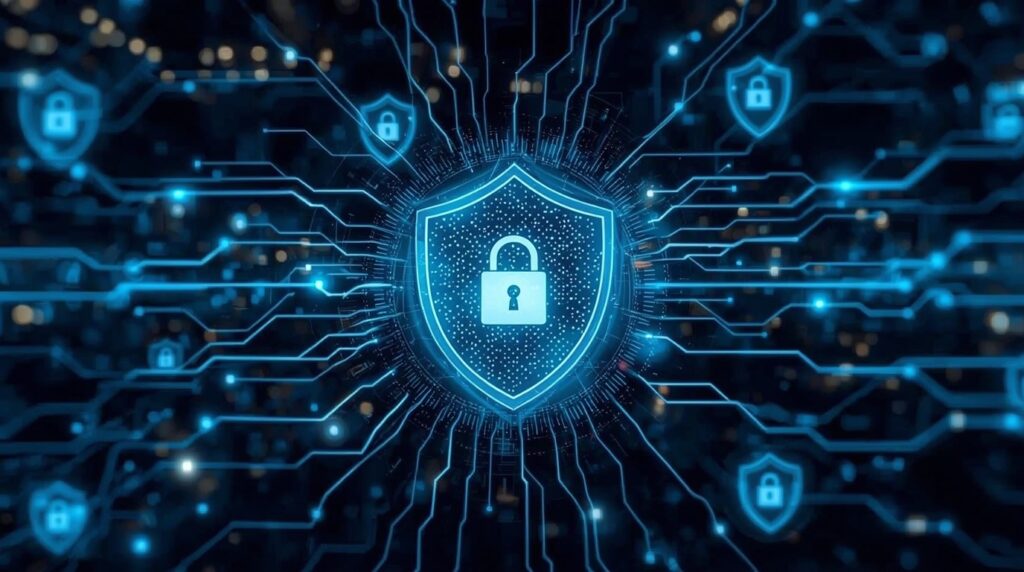 AI browser interface protected by cybersecurity shields symbolizing OpenAI-Microsoft collaboration.