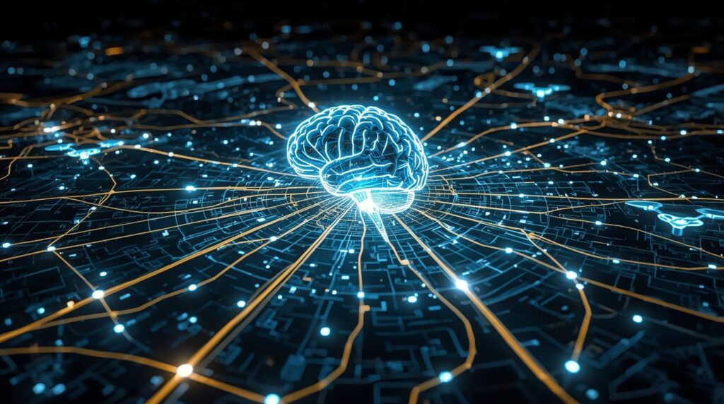 Futuristic digital city map powered by Gemini API with AI-driven holographic navigation interface.