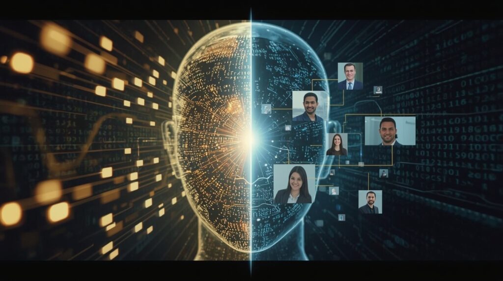 “Concept art showing biased AI outputs on one side and balanced, inclusive AI representations on the other.”