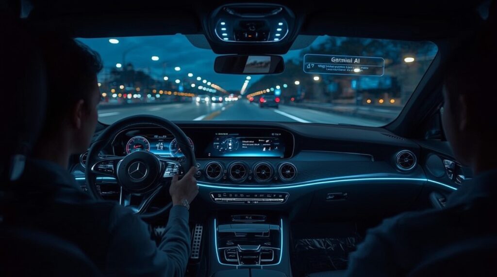 Futuristic Mercedes car interior showcasing Gemini AI Mobility interface connecting driver and digital assistant.