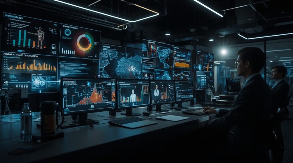 A futuristic workplace dashboard visualizing autonomous AI agent performance in a hybrid workforce environment.