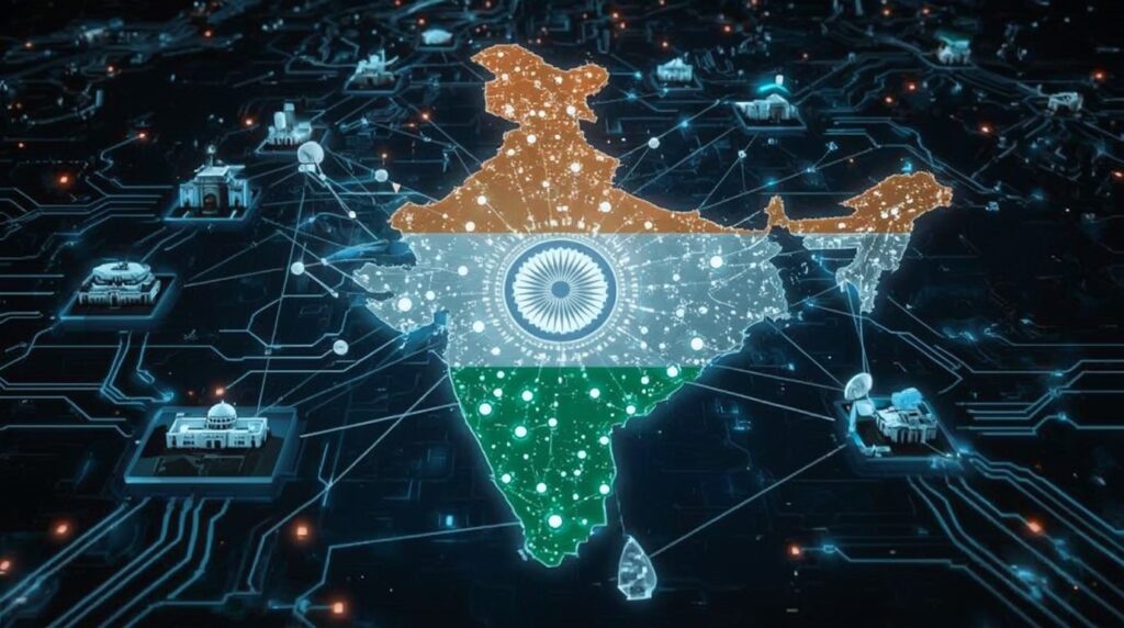 Digital illustration of India map wired with AI nodes representing the Sovereign AI India infrastructure network.
