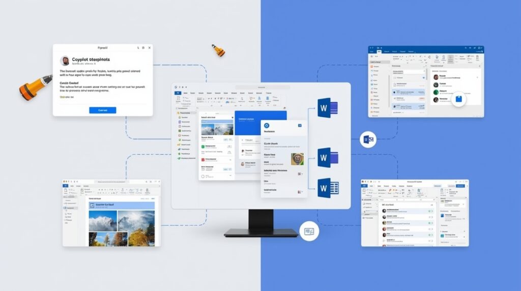 Screenshot-style digital art showing Gmail and Microsoft apps unified by Copilot AI Integration.