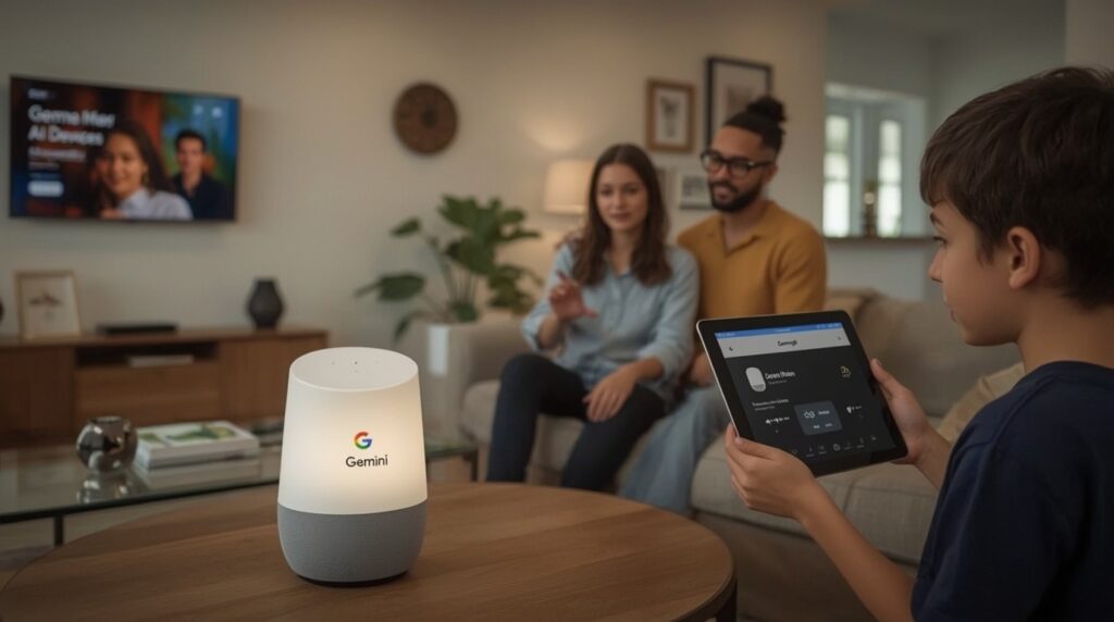 Family using a Google $100 speaker from the Gemini AI Devices lineup in a modern living room.