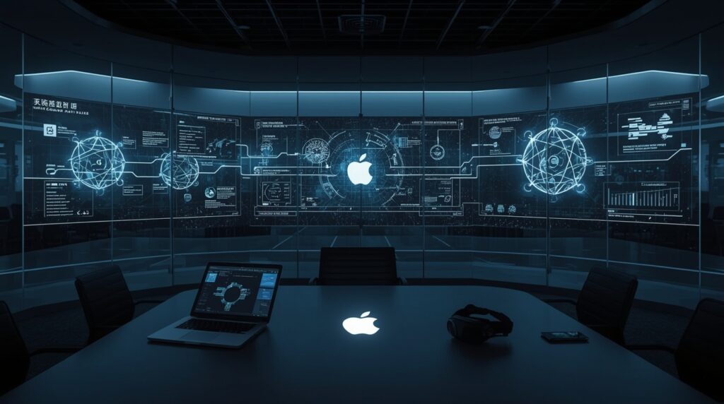 Apple strategy room visualizing multi-model AI partnership diversification across devices.