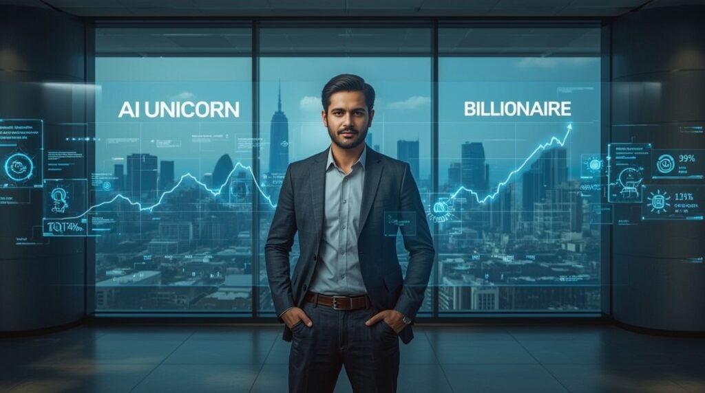 Portrait of the 31-year-old Chennai founder hailed as an AI Unicorn Billionaire.