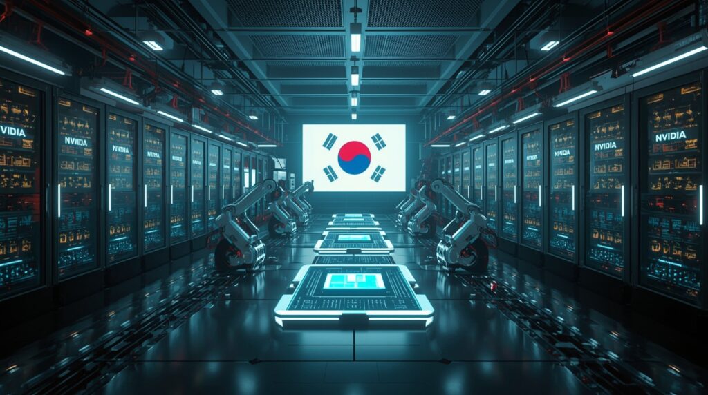 Ultra-realistic newsroom editorial illustration showing a futuristic semiconductor facility in Seoul powered by glowing GPU server racks, Nvidia-branded AI chip arrays, advanced automated chip-handling robots, neon cyber-industrial environment, Korean digital flag hologram, high-tech circuit textures, cinematic lighting, deep depth of field, futuristic infrastructure control room, global AI energy vibe, hyper-detail, photorealistic technology press style.