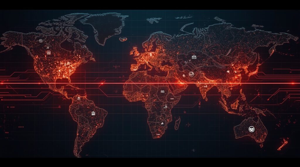 Map showing AI trade routes disrupted by tariffs, with semiconductor flows and emerging AI hubs.