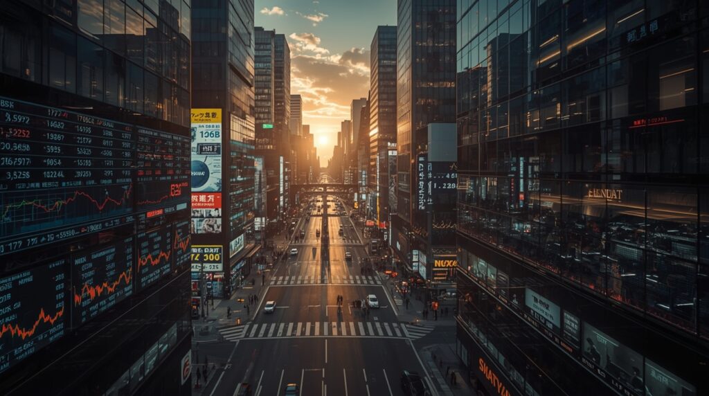 “Tokyo’s skyline visualizing the AI-Driven Market Rally through digital trading analytics.”