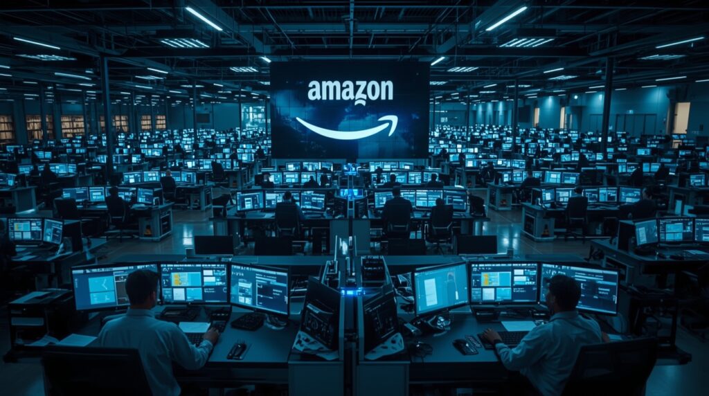 Amazon’s AI-driven logistics hub representing the global AI Workforce Shift.