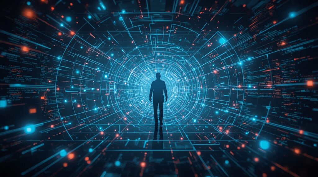 Human-like AI web crawler navigating a holographic digital web.