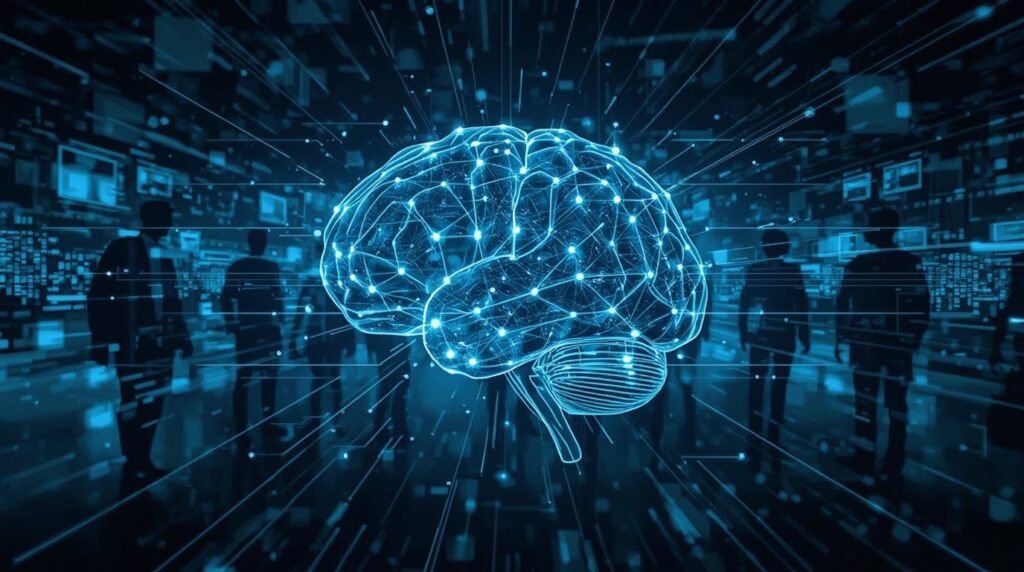 Digital brain symbolizing AI surpassing the Turing Test benchmark in 2025.
