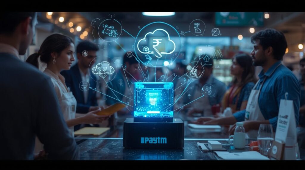 Paytm Soundbox showing AI Merchant Assistant transforming retail transactions.