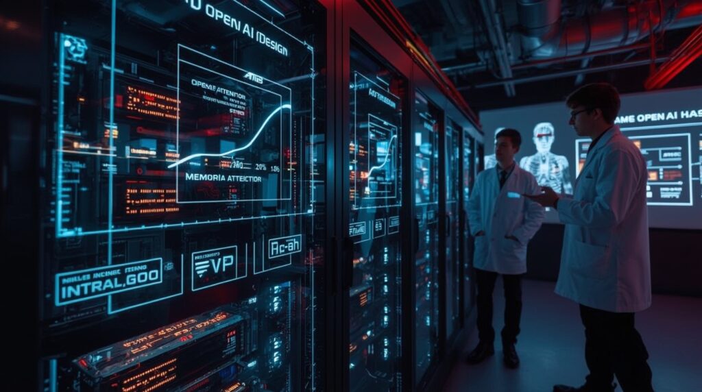 AMD accelerator modules co-designed with OpenAI displayed in a compute lab, highlighting AI Hardware Acceleration synergy.