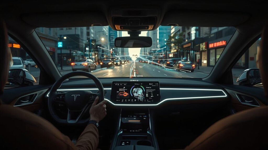 Rivian’s intelligent dashboard powered by Autonomous Mobility Intelligence, featuring holographic voice-guided navigation.