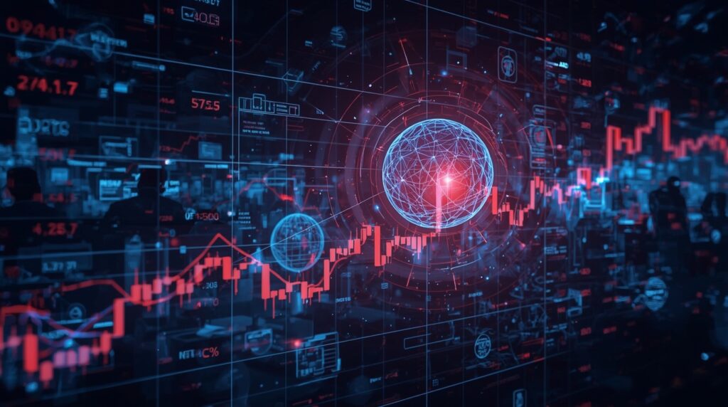 Futuristic visualization of AI market bubble expansion across global investment networks.