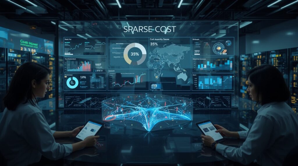DeepSeek engineers monitor the SparseCost dashboard showing cost savings from sparse attention optimizations.