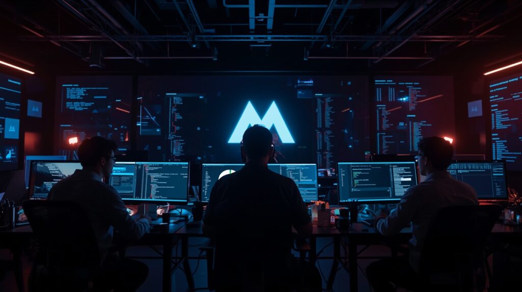 Meta engineers working in a futuristic AI-driven environment with GitHub and Vercel integrations.
