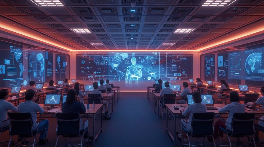 Futuristic AI Digital University classroom with holographic tutors and global students.