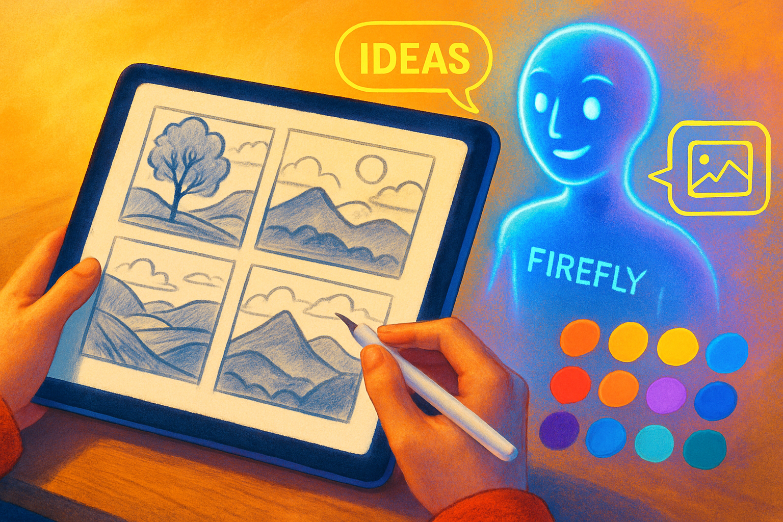 Artist receiving inspiration from creative AI assistants on a digital tablet.