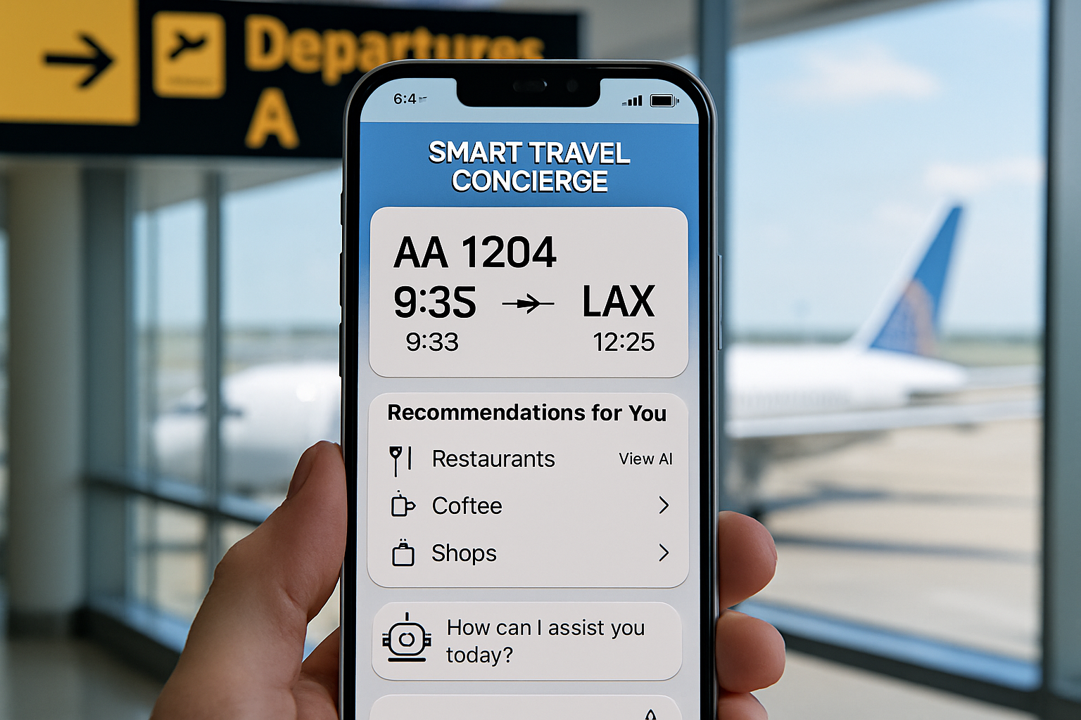 Smart travel concierge app assists traveler at airport.
