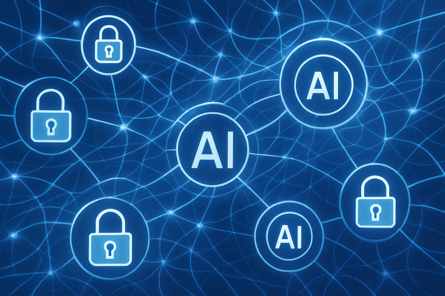 Illustration of AI Security Orchestration with network nodes and digital locks visualizing defense.