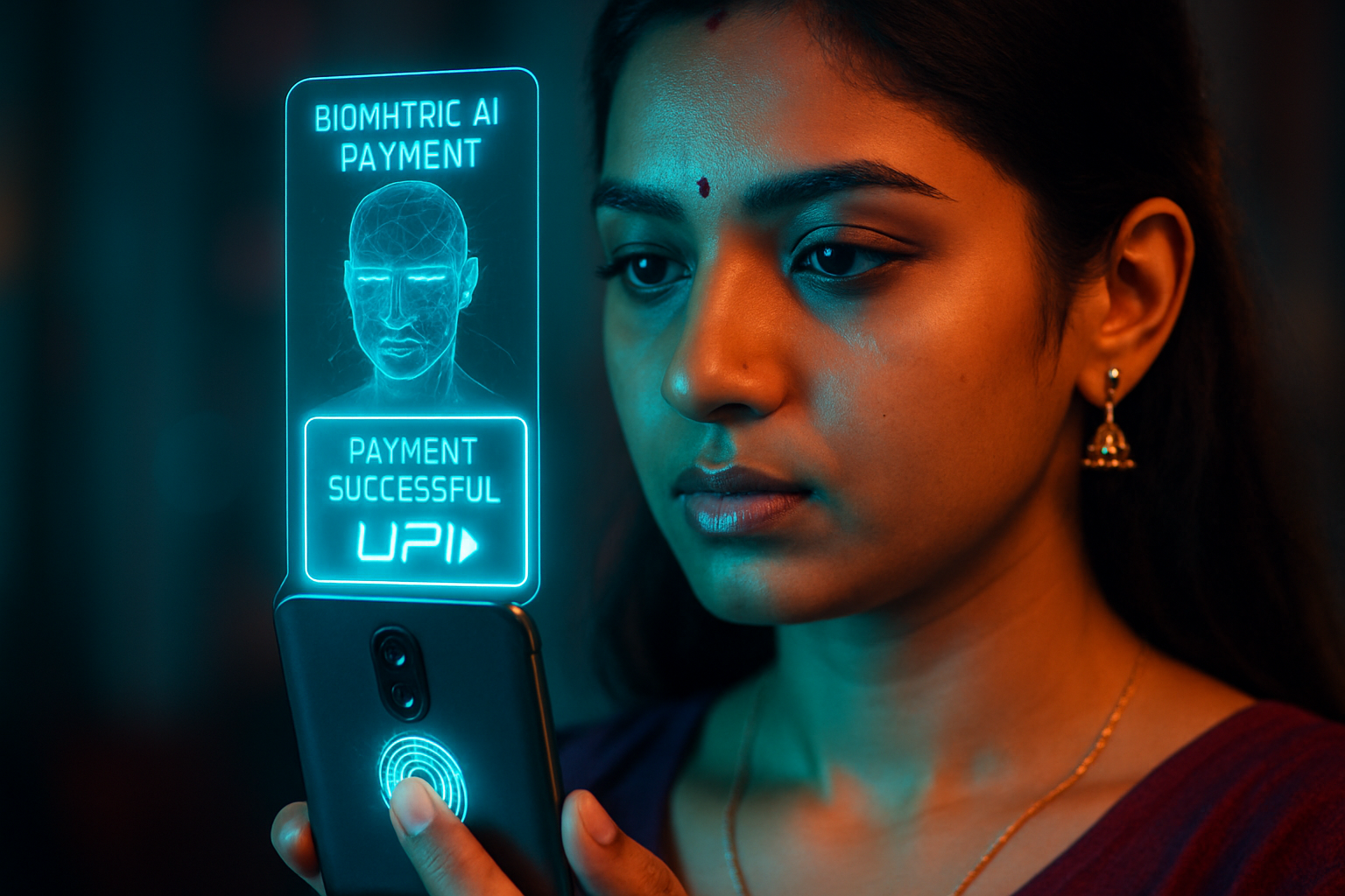 Indian woman uses biometric AI payments via smartphone UPI transaction.